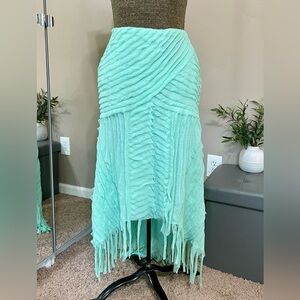 Naeem Khan Vintage Y2K Aqua Silk Fringe Midi Skirt Asymmetric Luxury Mermaid